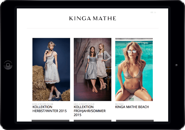 Mockup der Kinga Mathe-Website dargestellt in einem iPad in der Queransicht, Übersicht der aktuellen Kollektionen