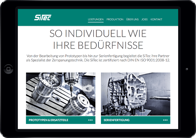 Mockup der SiTec-Website dargestellt in einem iPad in der Queransicht, Einleitung der Leistungen
