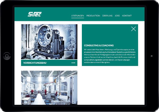 Mockup der SiTec-Website dargestellt in einem iPad in der Queransicht, Übersicht der Leistungen