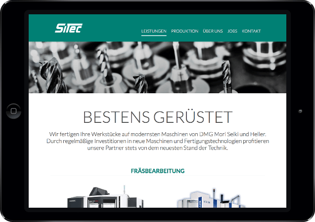 Mockup der SiTec-Website dargestellt in einem iPad in der Queransicht, Beschreibung der Maschinenauswahl