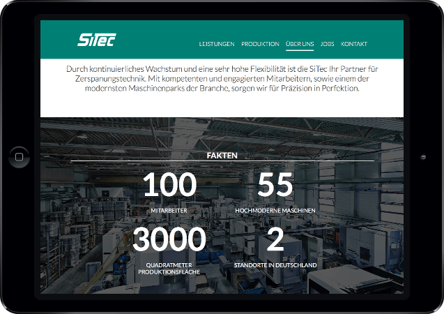 Mockup der SiTec-Website dargestellt in einem iPad in der Queransicht, Fakten zur SiTec in Zahlen