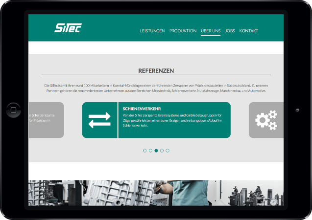 Mockup der SiTec-Website dargestellt in einem iPad in der Queransicht, Übersicht der Referenzen