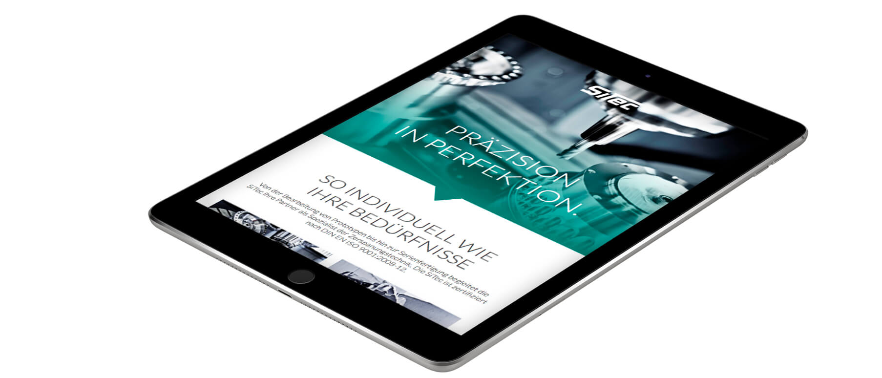 Mockup der SiTec-Website dargestellt in einem iPad, Startbild der Website