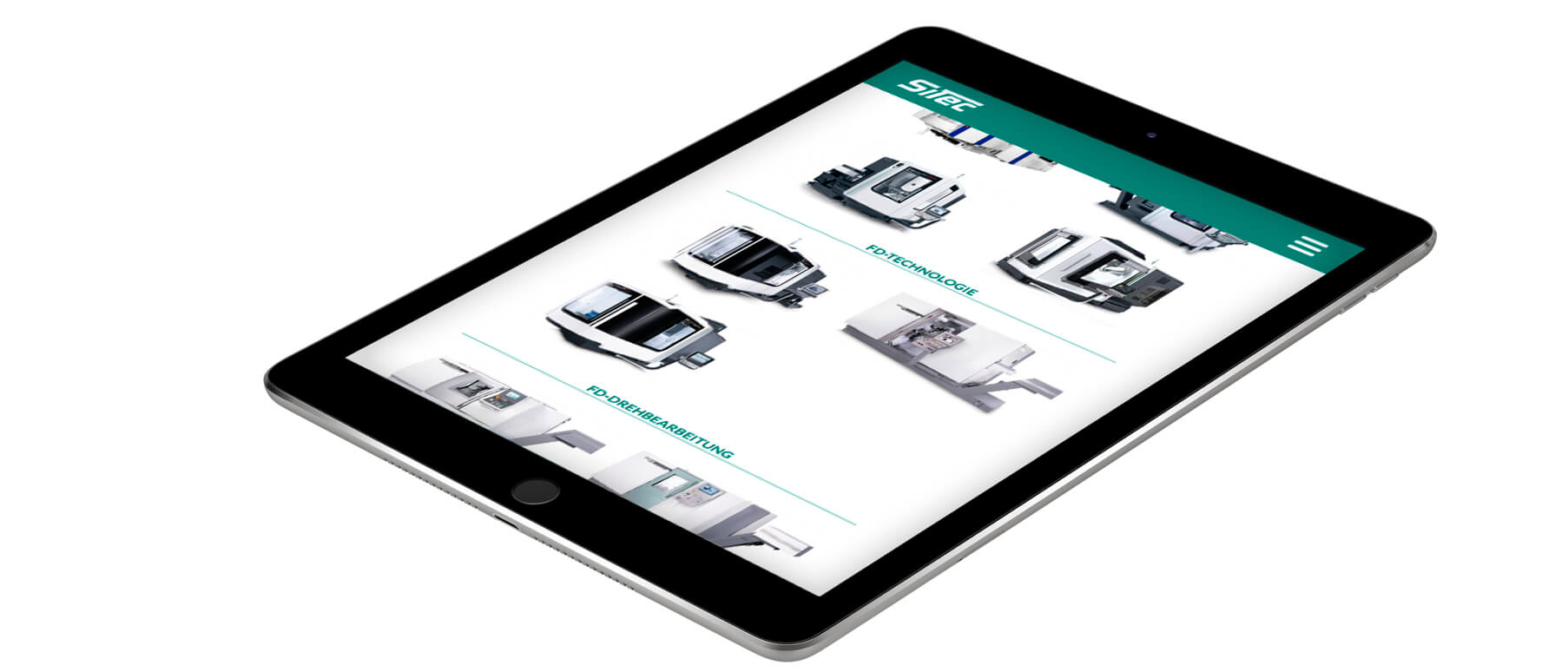 Mockup der SiTec-Website dargestellt in einem iPad, Darstellung mehrerer Maschinen