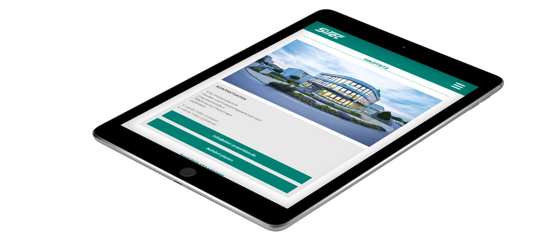 Mockup der SiTec-Website dargestellt in einem iPad, Kontaktseite