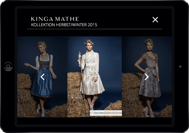 Mockup der Kinga Mathe-Website dargestellt in einem iPad in der Queransicht, Bild aus einer Dirndl-Kollektion