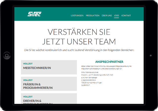 Mockup der SiTec-Website dargestellt in einem iPad in der Queransicht, Übersicht der Job-Angebote