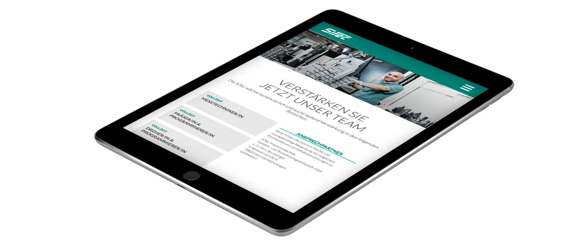 Mockup der SiTec-Website dargestellt in einem iPad, Übersicht der Job-Angebote