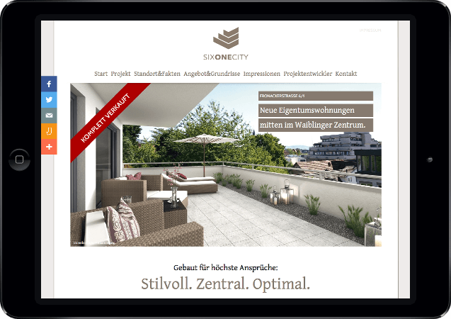 Mockup der Six One City-Website dargestellt in einem iPad in der Queransicht, Ansicht der Projektbeschreibung