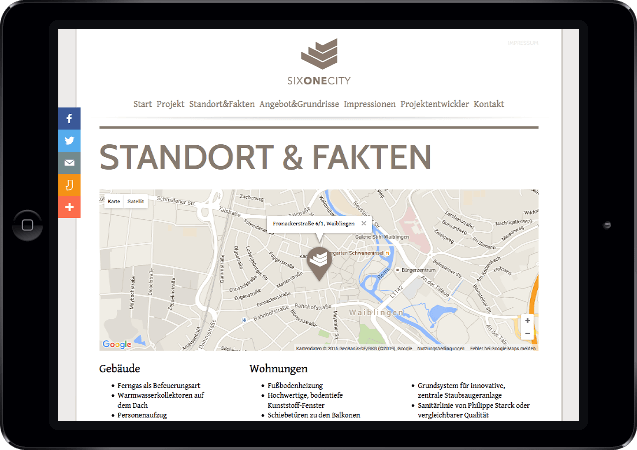 Mockup der Six One City-Website dargestellt in einem iPad in der Queransicht, Übersicht der Angebote