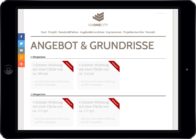 Mockup der Six One City-Website dargestellt in einem iPad in der Queransicht, Startbild