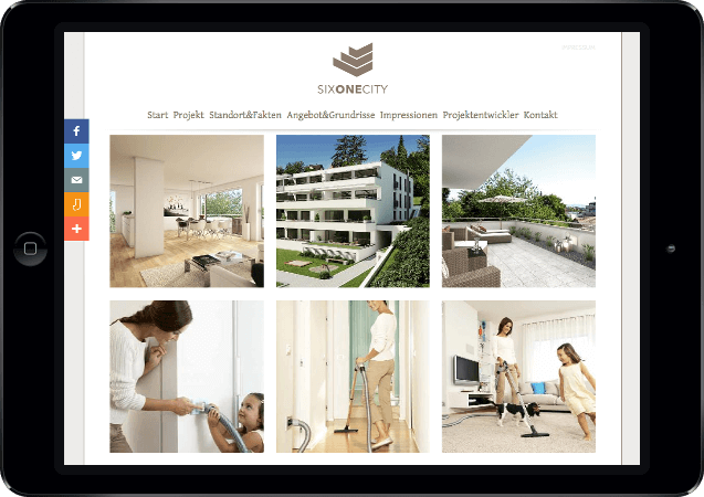 Mockup der Six One City-Website dargestellt in einem iPad in der Queransicht, Übersicht der Impressionsbilder
